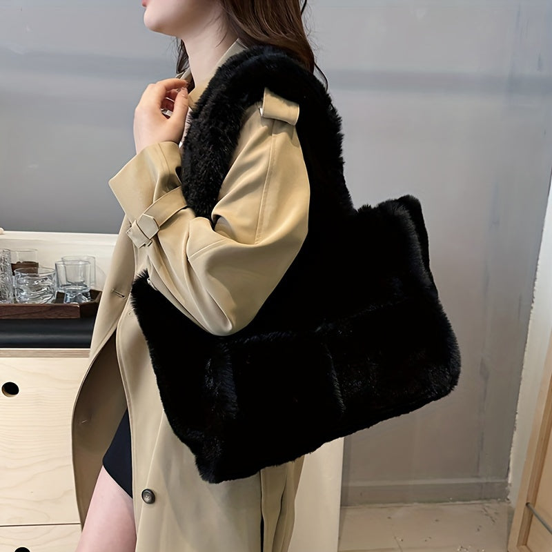 Chic Faux Fur Shoulder Bag for Women - Large Capacity, Magnetic Closure, Plush Tote with Faux Leather Lining - Versatile & Stylish in Pink, Deep Brown, or Black