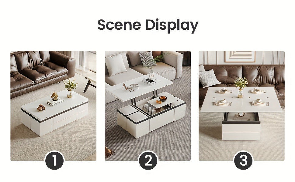 Extendable Coffee Table - 4 Storage Stools & Lift Top