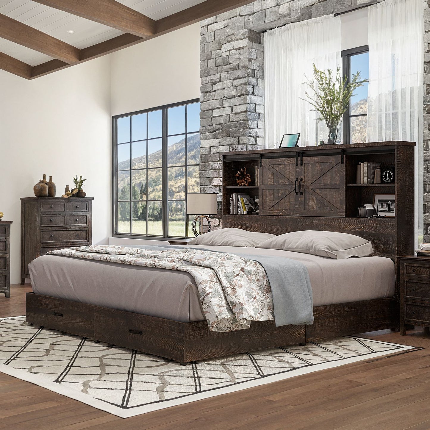 Farmhouse-Style Wooden Platform Bed Frame Boasting a 51.2" Bookcase Headboard, Integrated Storage with a Sliding Barn Door Charging Station and 2 Drawers - No Box Spring Required, Totally Noise-Free