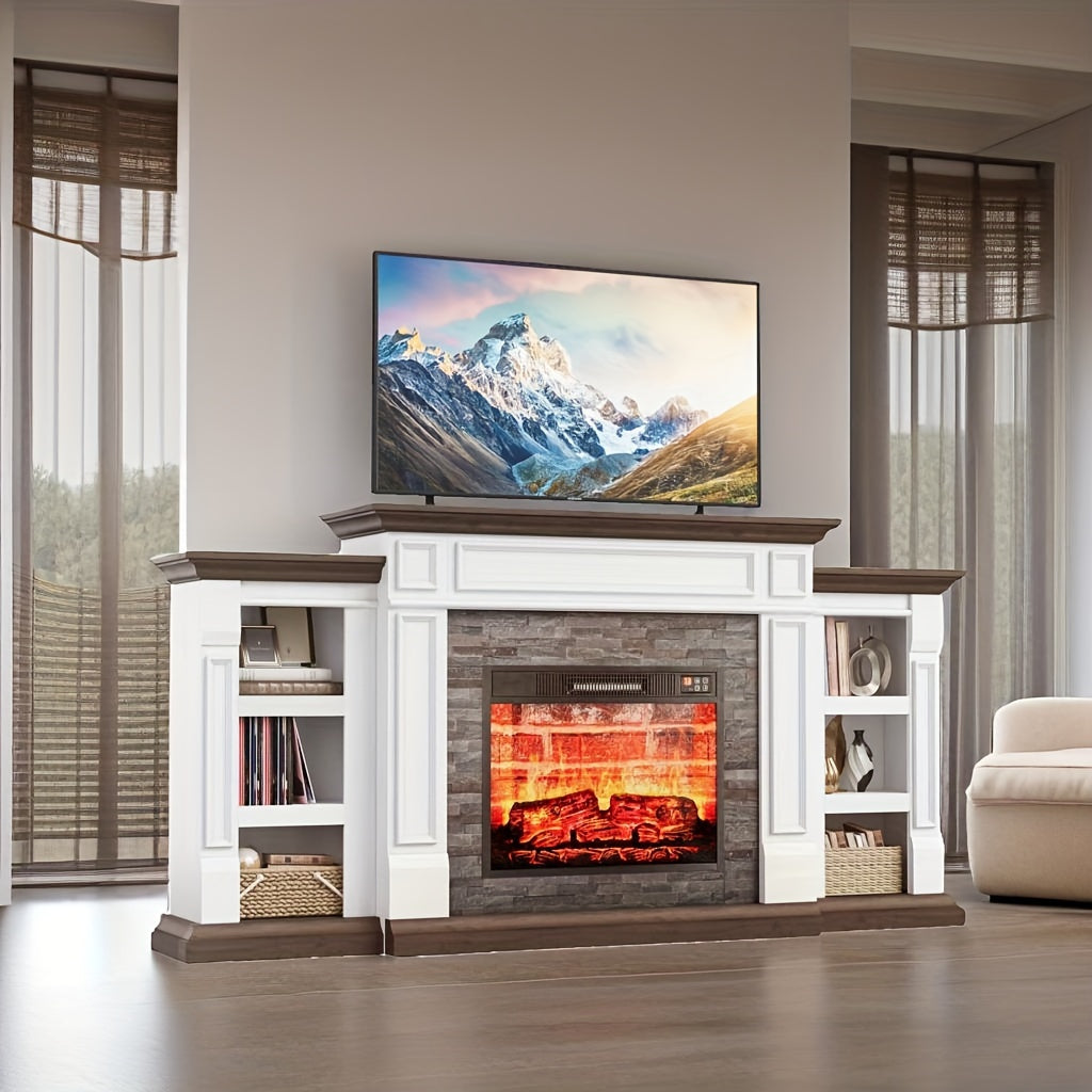 72" Electric Fireplace With Mantel, Fireplace TV Stand For 80" TV, Modern Entertainment Center With Storage, Wood Surround Free Standing Fireplace Heater With Remote Control, Logs, Adjustable Led Flame, For Living Room, Bedro