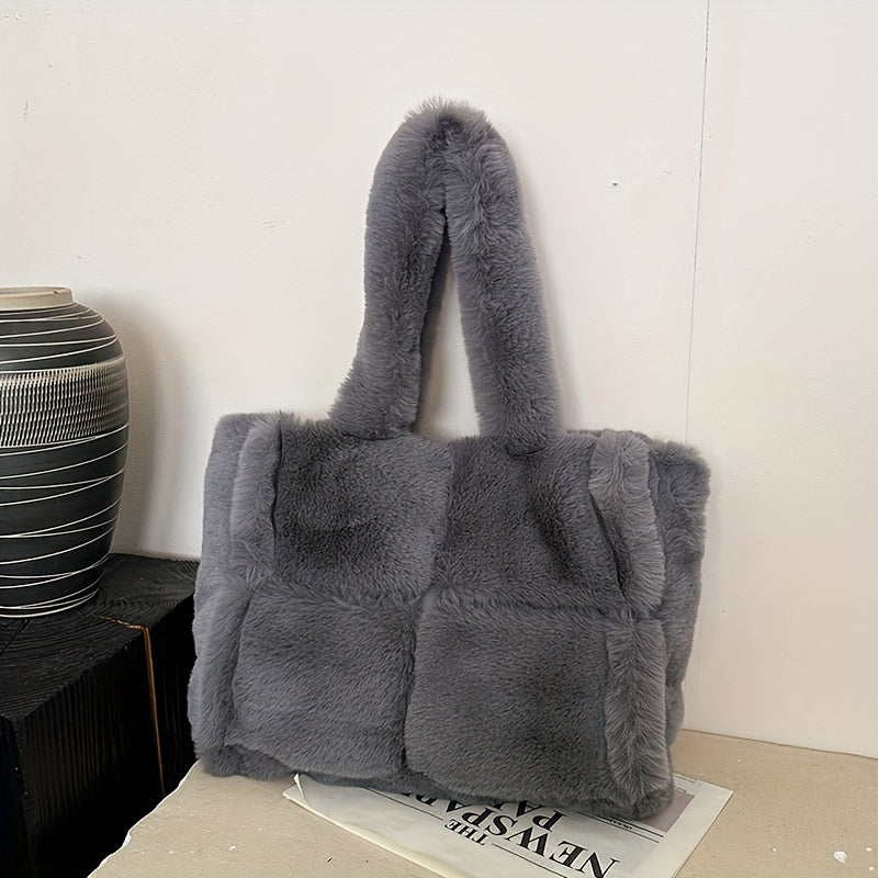 Chic Faux Fur Shoulder Bag for Women - Large Capacity, Magnetic Closure, Plush Tote with Faux Leather Lining - Versatile & Stylish in Pink, Deep Brown, or Black