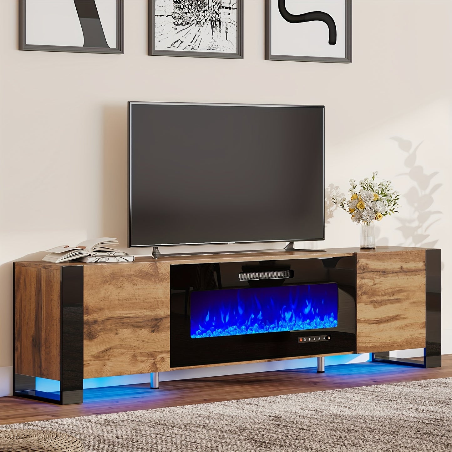 Fireplace TV Stand - High Gloss LED & U-Shaped Legs