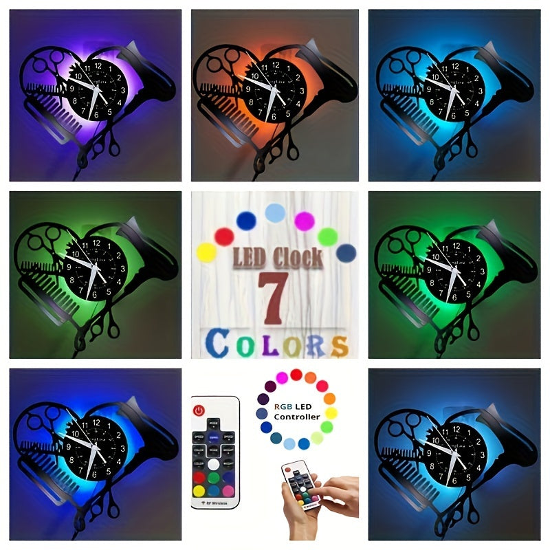 1 piece of caring hair cutting tool, vinyl wall clock for artistic decoration, creative design, silent wall clock for home decoration, living room, bedroom, hair salon, LED light