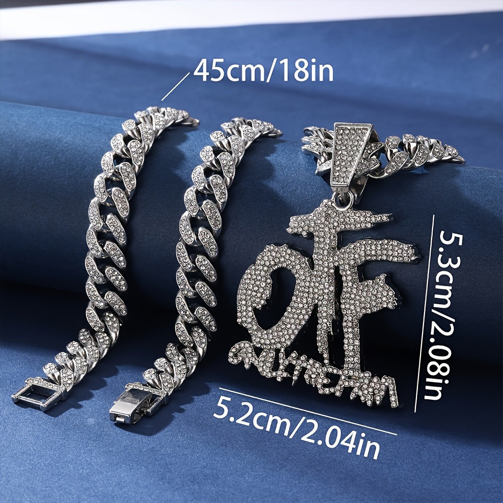 Double Row Letter Pendant, Iced Out Cuban Chain, Zinc Alloy And Cubic Zirconia, Hip Hop Jewelry For Men And Women