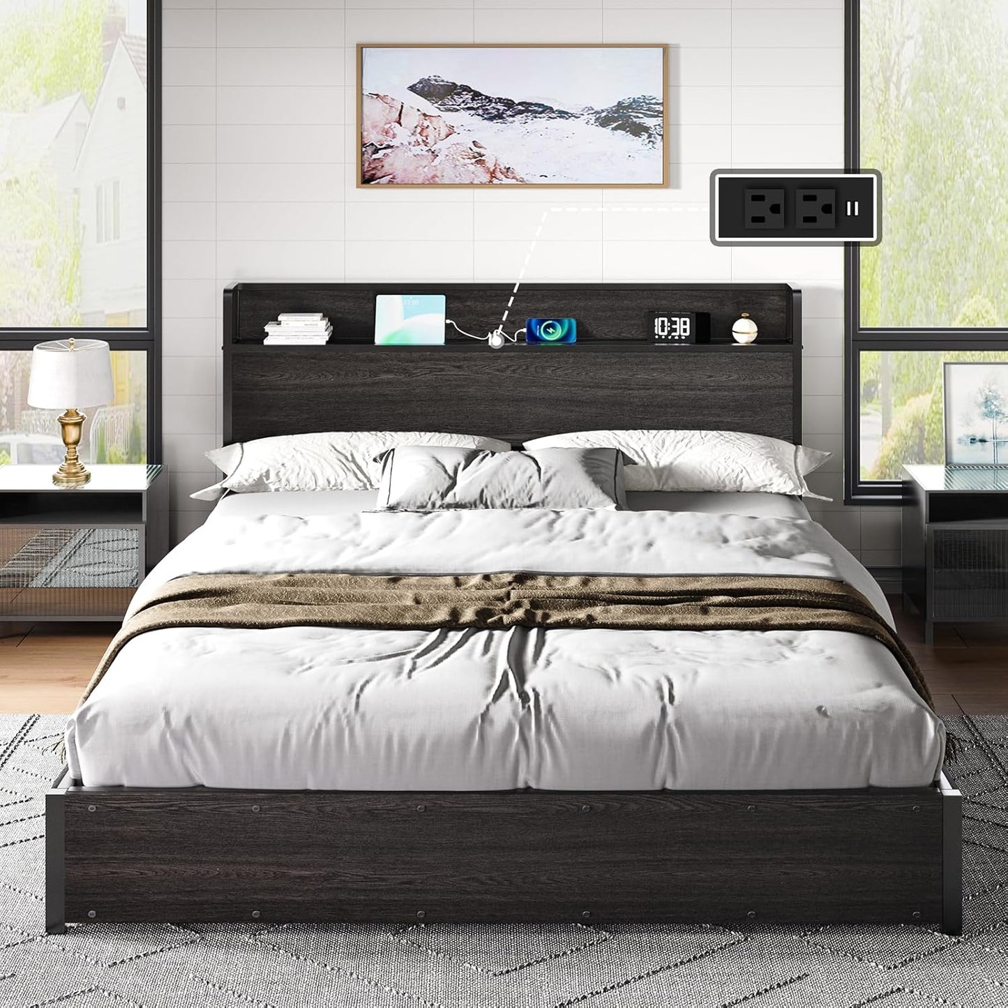 Black/King Elevating Storage Bed Frame: Wooden Platform Design Incorporating Lifting Storage and Charging Station, Eliminating the Need for a Spring Box and Ensuring Noiselessness