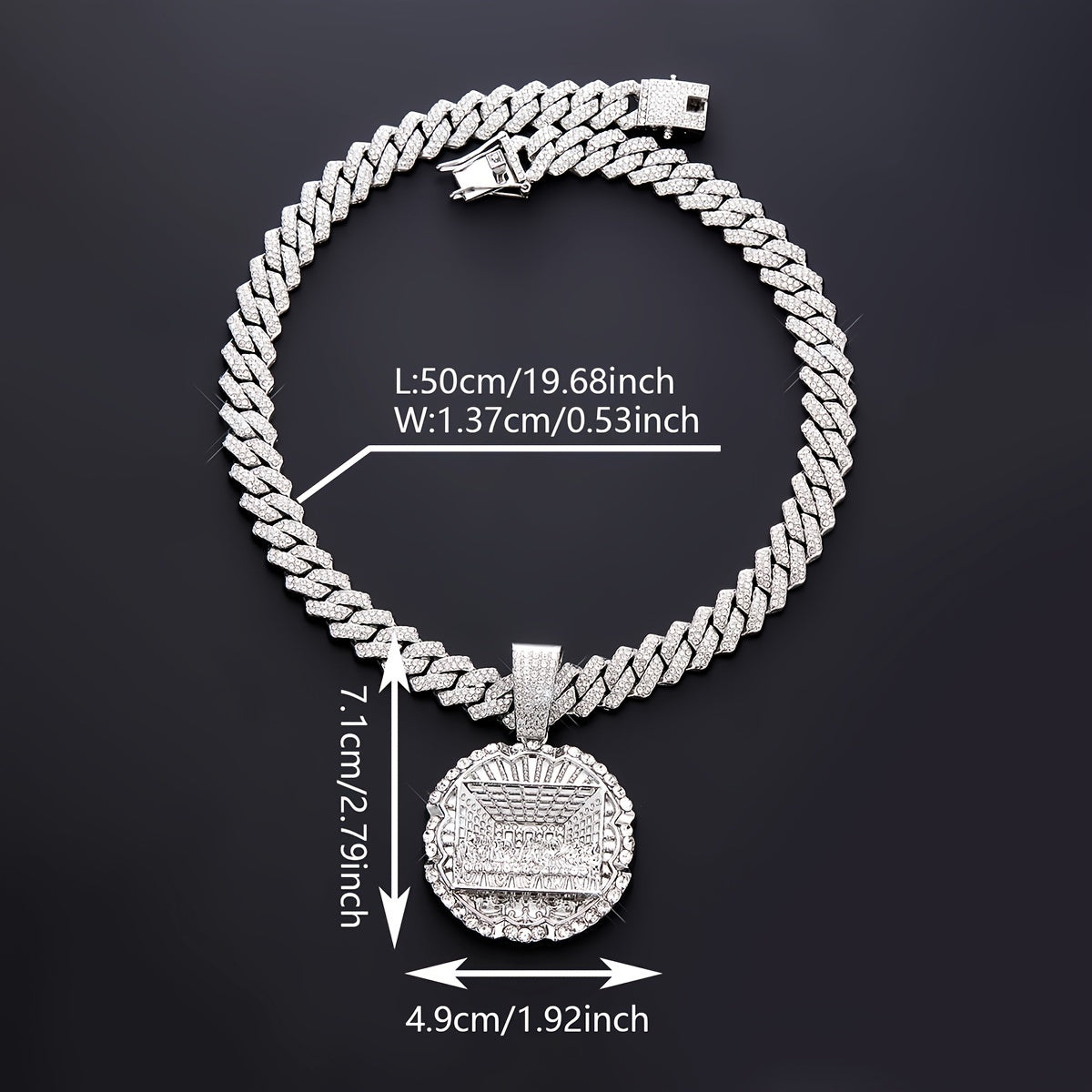 Funky Style Last Supper Pendant Necklace - 19.68" Hip-Hop Cuban Zinc Alloy Chain with Synthetic Stones, Rhinestone Mosaic, Unisex Party Fashion Jewelry
