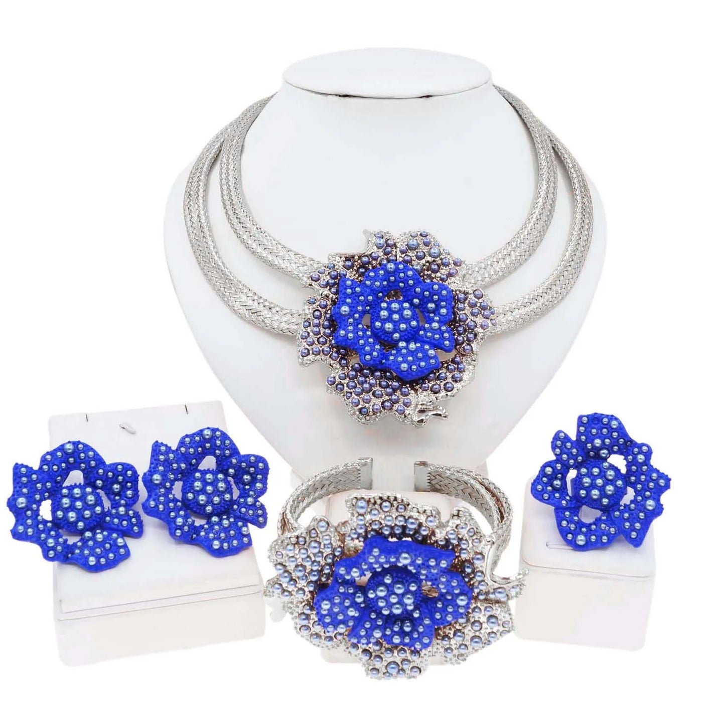 Jewelry Sets For Women 24K Gold Plated Original Luxury Wedding Blue Rose Flower Necklace Earrings Party Dubai Gold Jewelry