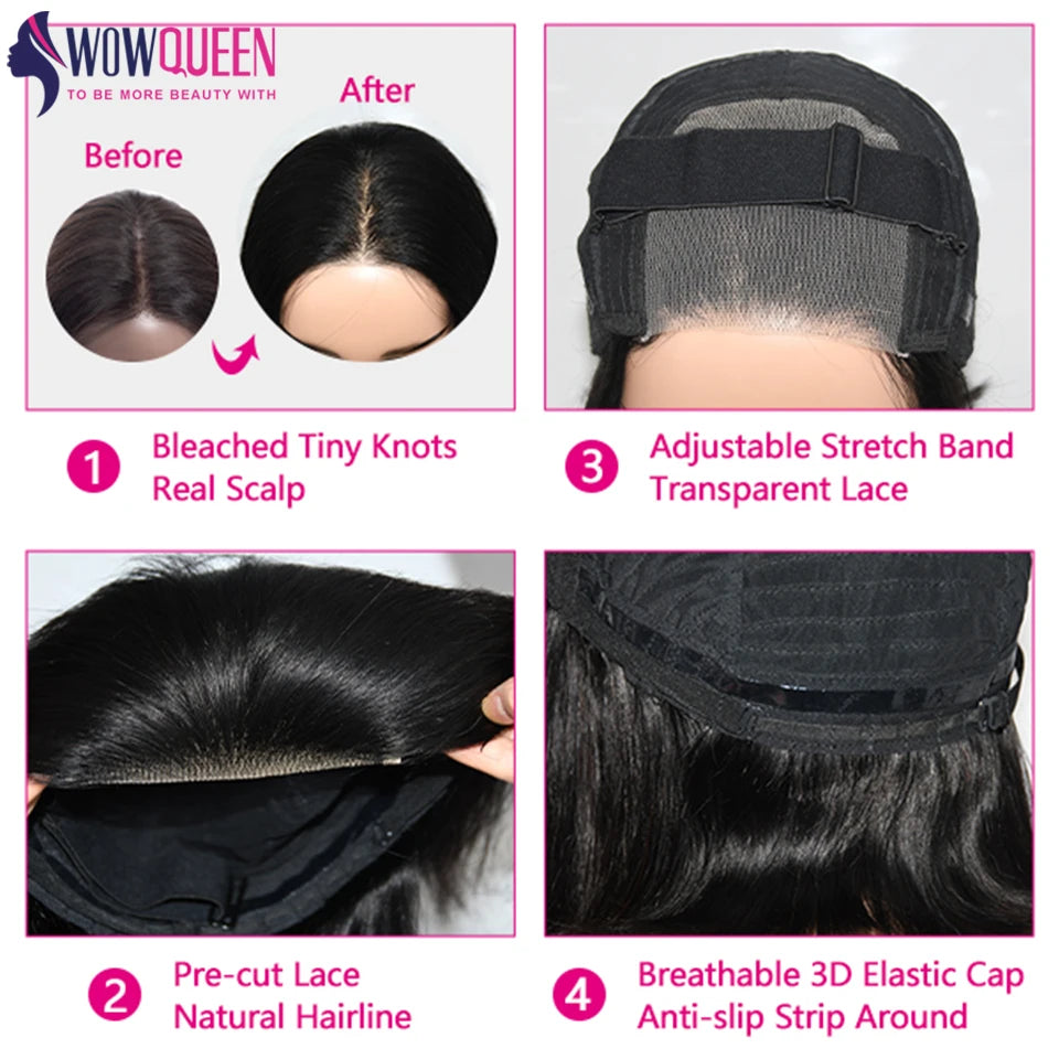 4x4 Pre-Cut Transparent Lace Closure Wig Straight Glueless Human Hair Wig For Women Ready To Wear Pre Plucked Brazilian Hair