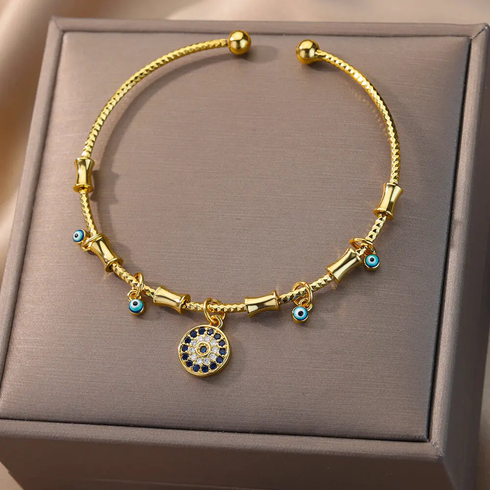 Zircon Fatima Hand Evil Eye Bracelet For Women Vintage Stainless Steel Gold Color Open Bangle Turkish Lucky Party Jewelry Gift