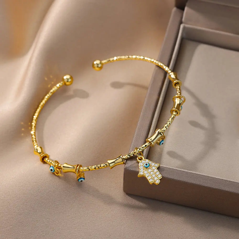 Zircon Fatima Hand Evil Eye Bracelet For Women Vintage Stainless Steel Gold Color Open Bangle Turkish Lucky Party Jewelry Gift
