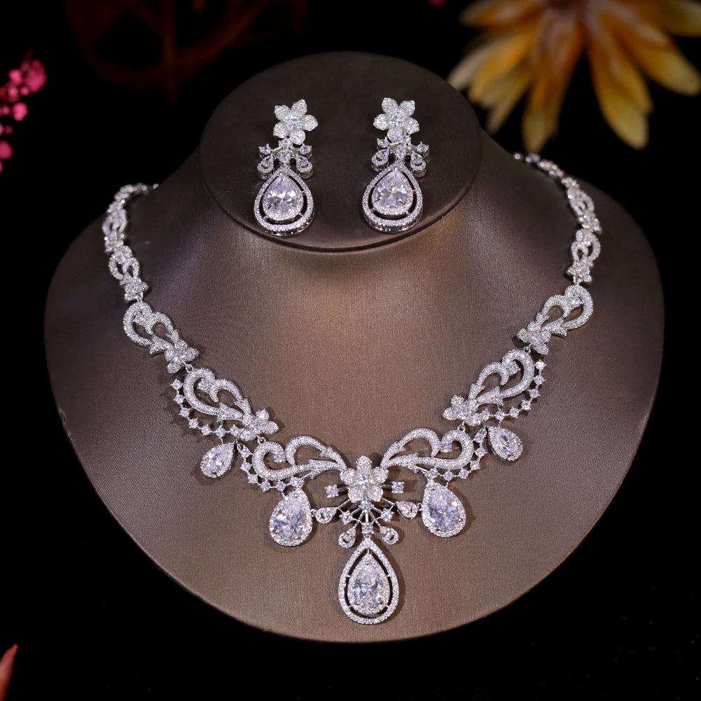 ASNORA 2024 New Design Flower and Water Drops Necklace For Women Wedding Luxury Dubai Bridal White Zirconia Jewelry Set X0493