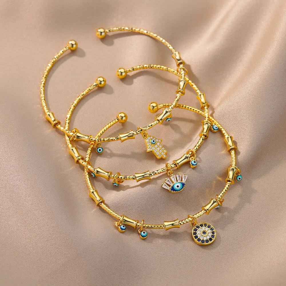 Zircon Fatima Hand Evil Eye Bracelet For Women Vintage Stainless Steel Gold Color Open Bangle Turkish Lucky Party Jewelry Gift