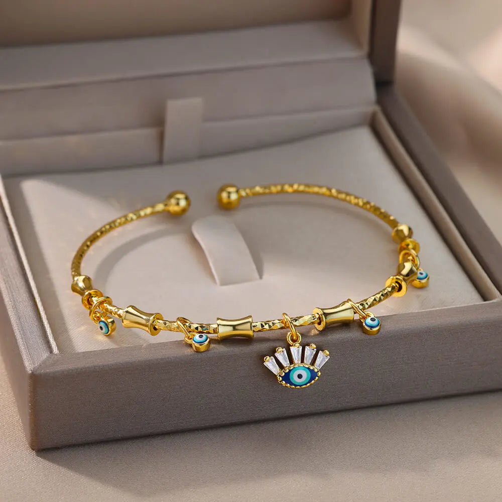 Zircon Fatima Hand Evil Eye Bracelet For Women Vintage Stainless Steel Gold Color Open Bangle Turkish Lucky Party Jewelry Gift