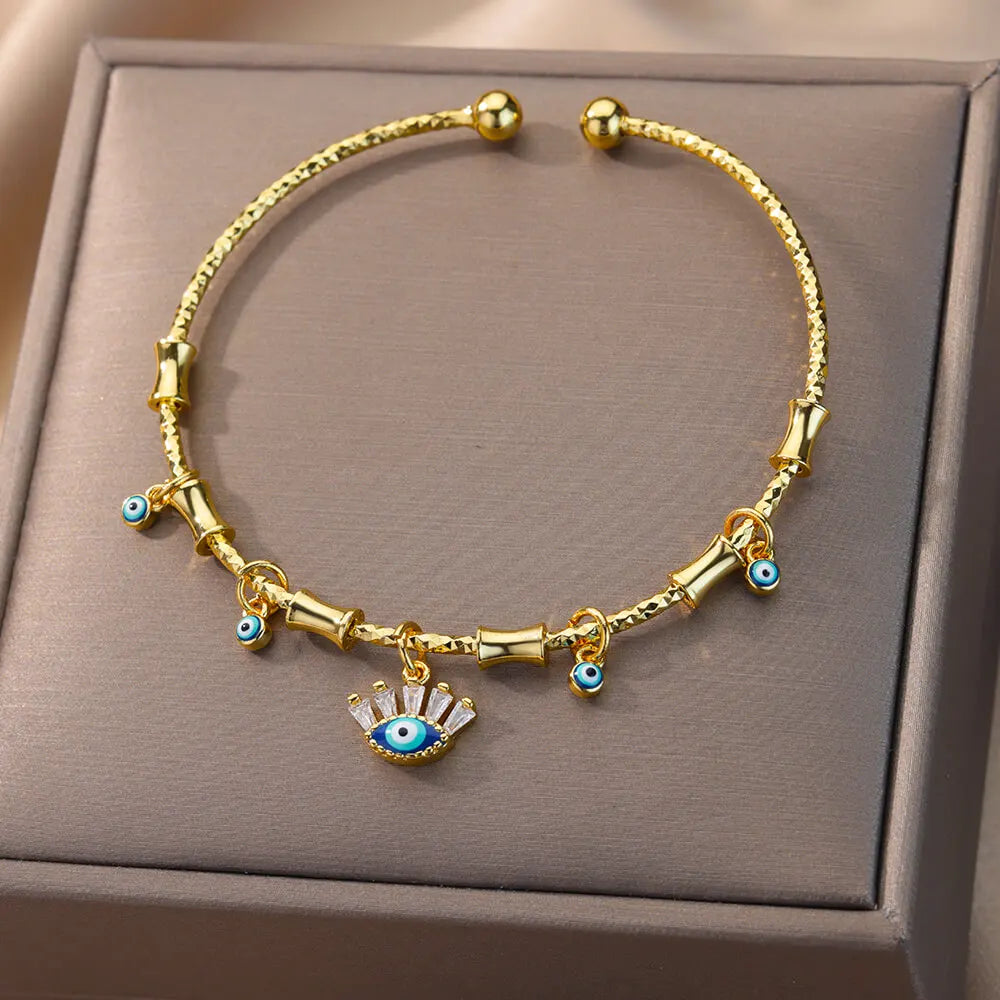 Zircon Fatima Hand Evil Eye Bracelet For Women Vintage Stainless Steel Gold Color Open Bangle Turkish Lucky Party Jewelry Gift