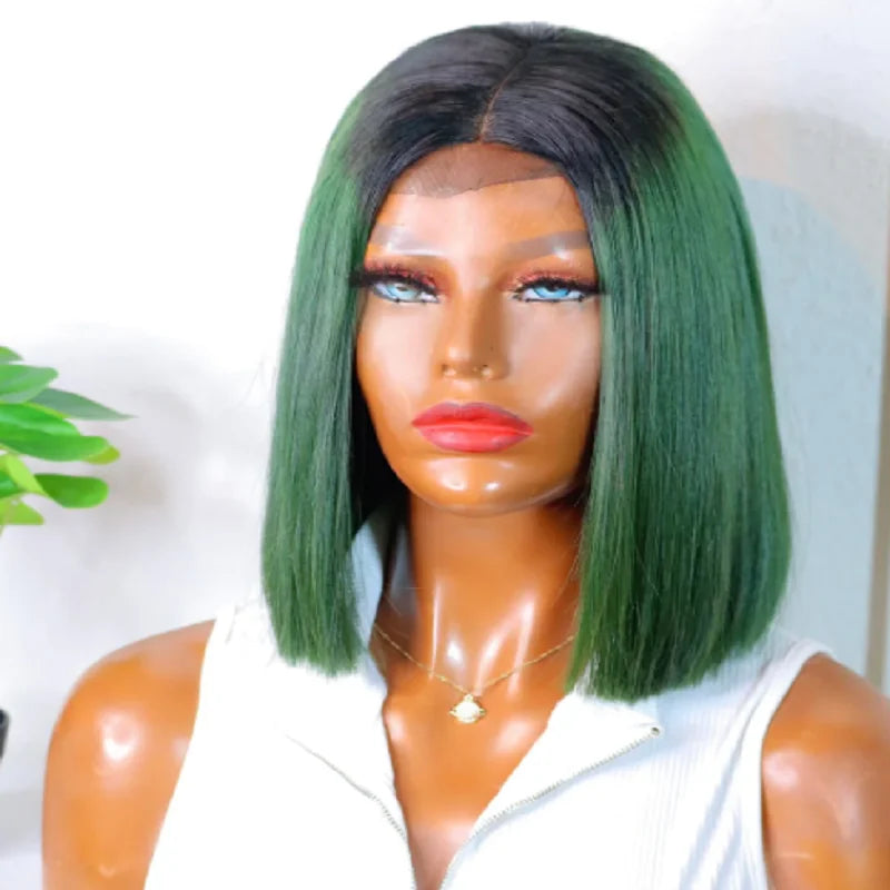 Soft Natural Hairline Ombre Green Short Cut Bob Silky Straight Lace Front Wig For Black Women BabyHair Prepluecked Daily