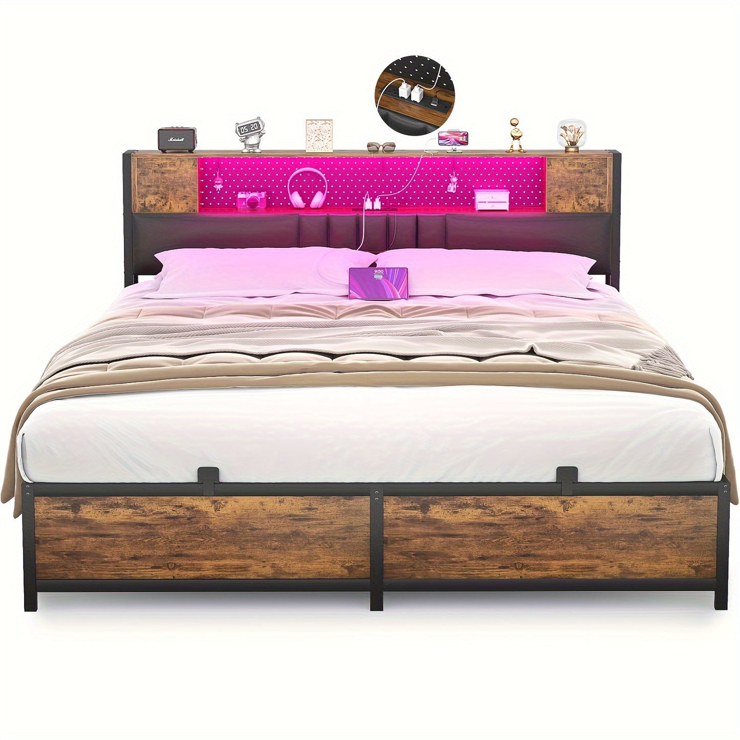 Unikito Queen Bed Frame with LED Light & Power Outlet, Platform Bed with Upholstered Headboard and Storage Cabinet, Heavy Duty Metal Slats, No Box Spring Needed, Easy Assembly, Noise-Free, Black Oak
