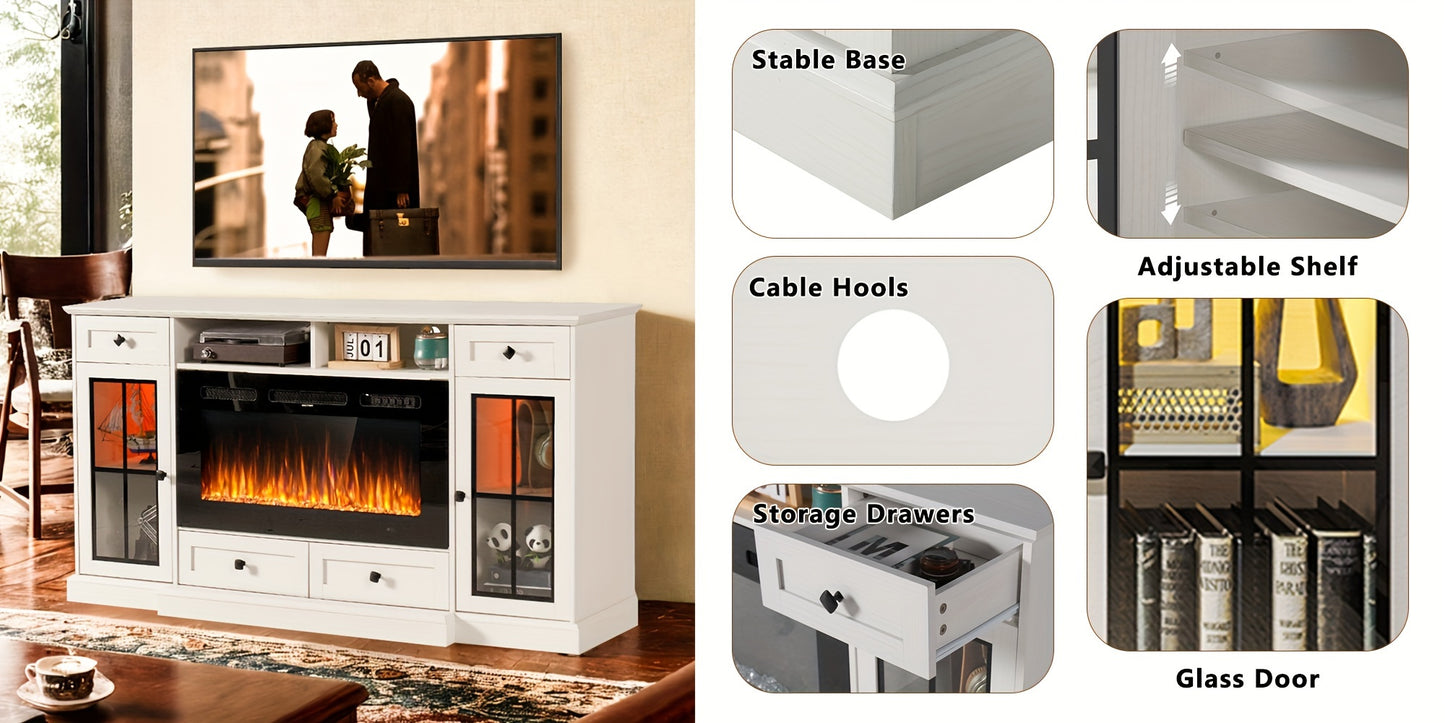 Farmhouse Fireplace TV Stand Suitable For Up To 75 Inch TV, 36" Tall Entertainment Center With 36" Crystal Eletric Fireplace, Modern Media Console Table With LED Lights For Living Room, White