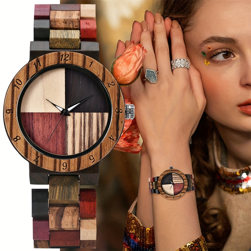 Ladies Plaid Wood Design Watch Lightweight Wooden Watches with Adjustable Strap and Stainless Steel Buckle Quartz Watches for Women