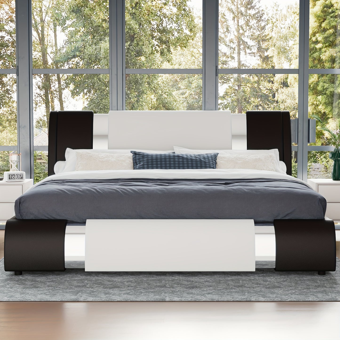 WEEWAY Bed Frame With Modern Iron Pieces Decor, Faux Leather Platform Bed With Curved Adjustable Headboard, Wood Slat Support, No Box Spring Required