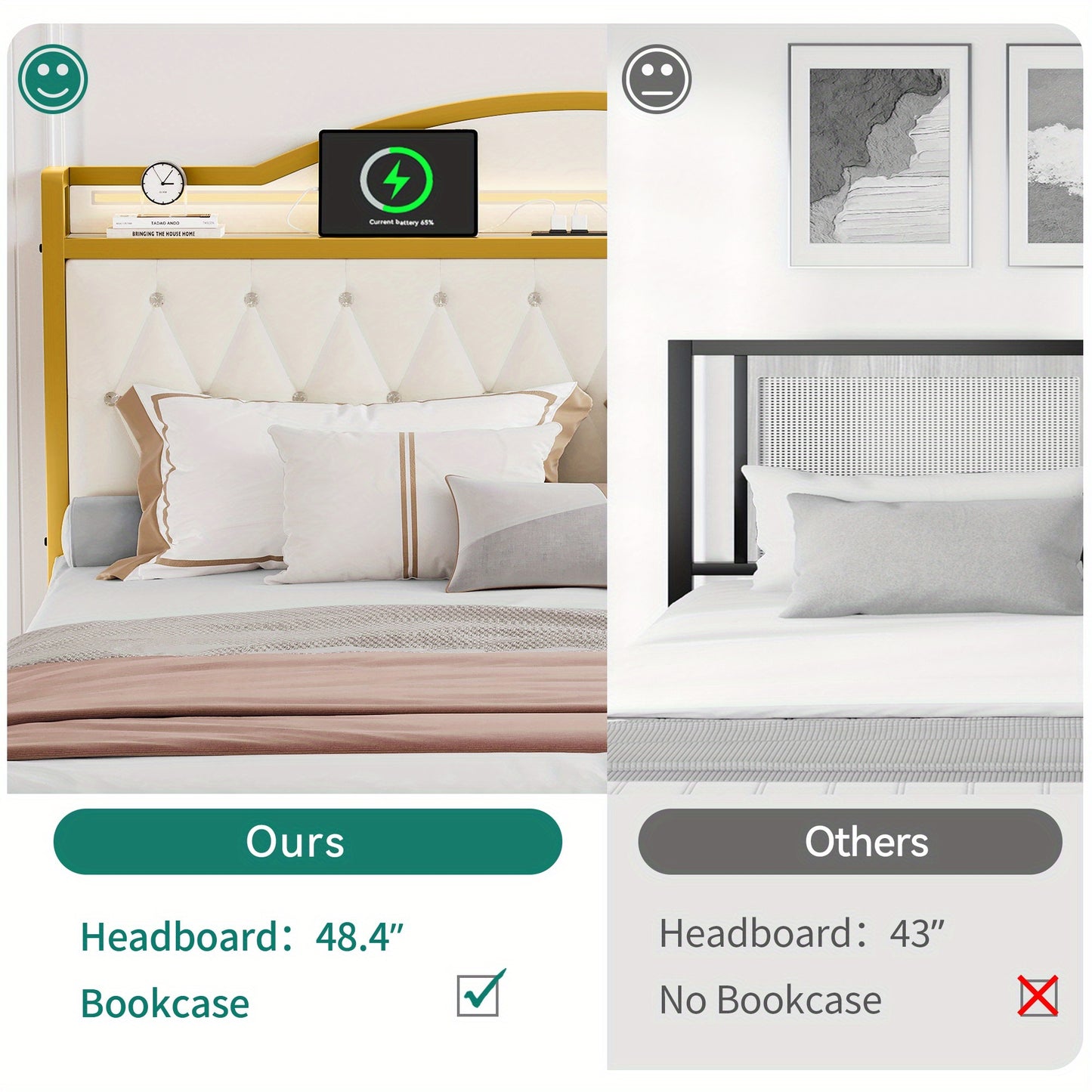 Queen Bed Frame with LED Lights, Platform Upholstered Bed with 4 Storage Drawers and Charging Station, Crystal Button- Tufted Headboard Footboard, No Box Spring Needed- White