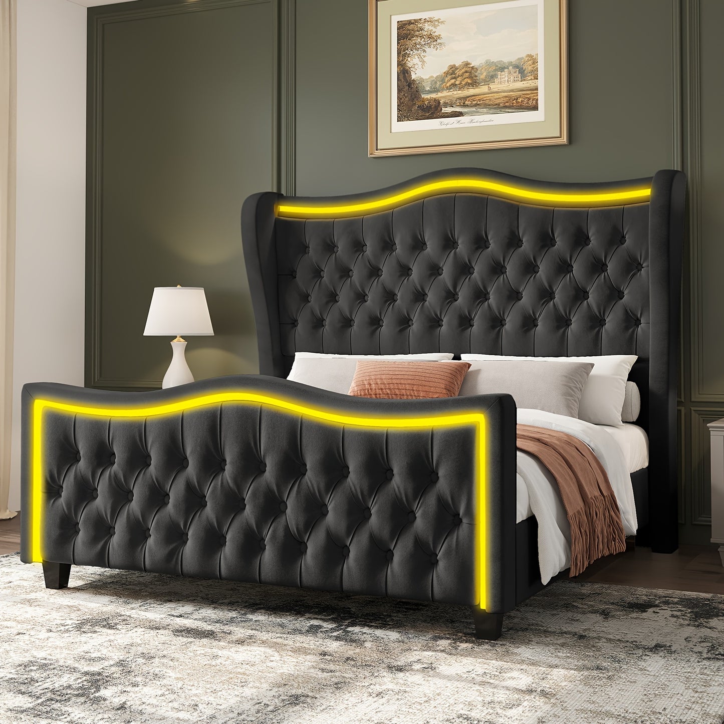 PaPaJet Bed Frame With LED Lighting, 53'' Wingback Upholstered Platform With Deeply Buttoned And Hand-Tufted Headboard & Footboard