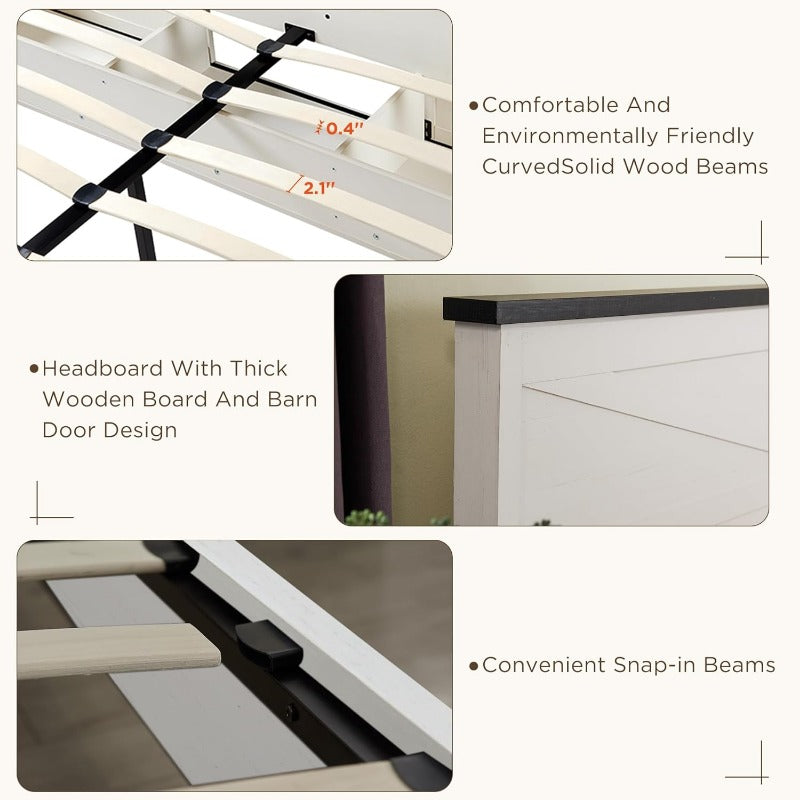 Farmhouse Wood Bed Frame Full Size with Sliding Barn Door Storage Cabinets and Headboard Solid Wood Slats Support Noiseless No Box Spring Needed