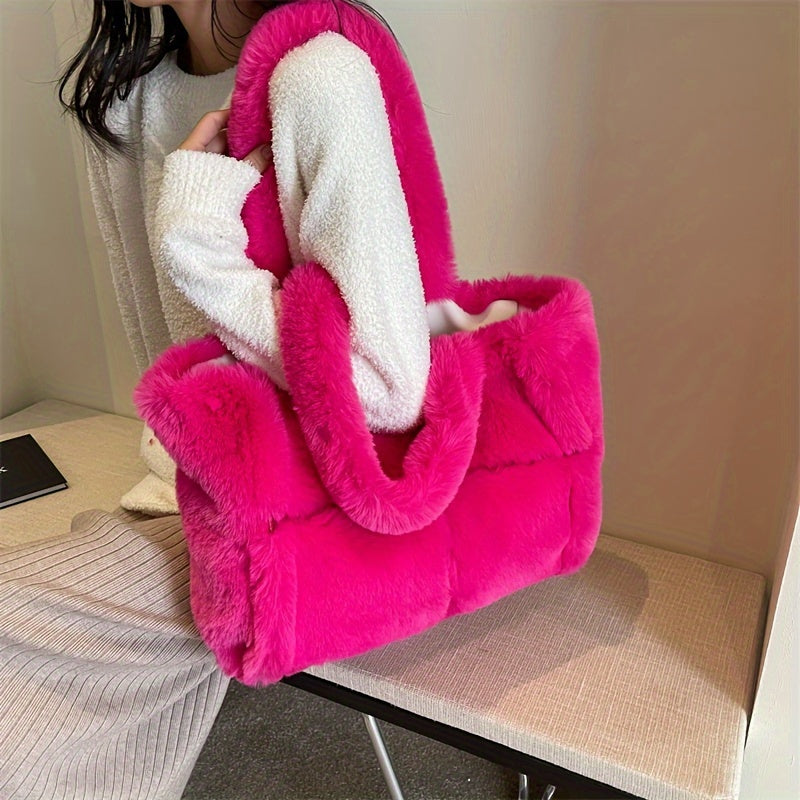 Chic Faux Fur Shoulder Bag for Women - Large Capacity, Magnetic Closure, Plush Tote with Faux Leather Lining - Versatile & Stylish in Pink, Deep Brown, or Black
