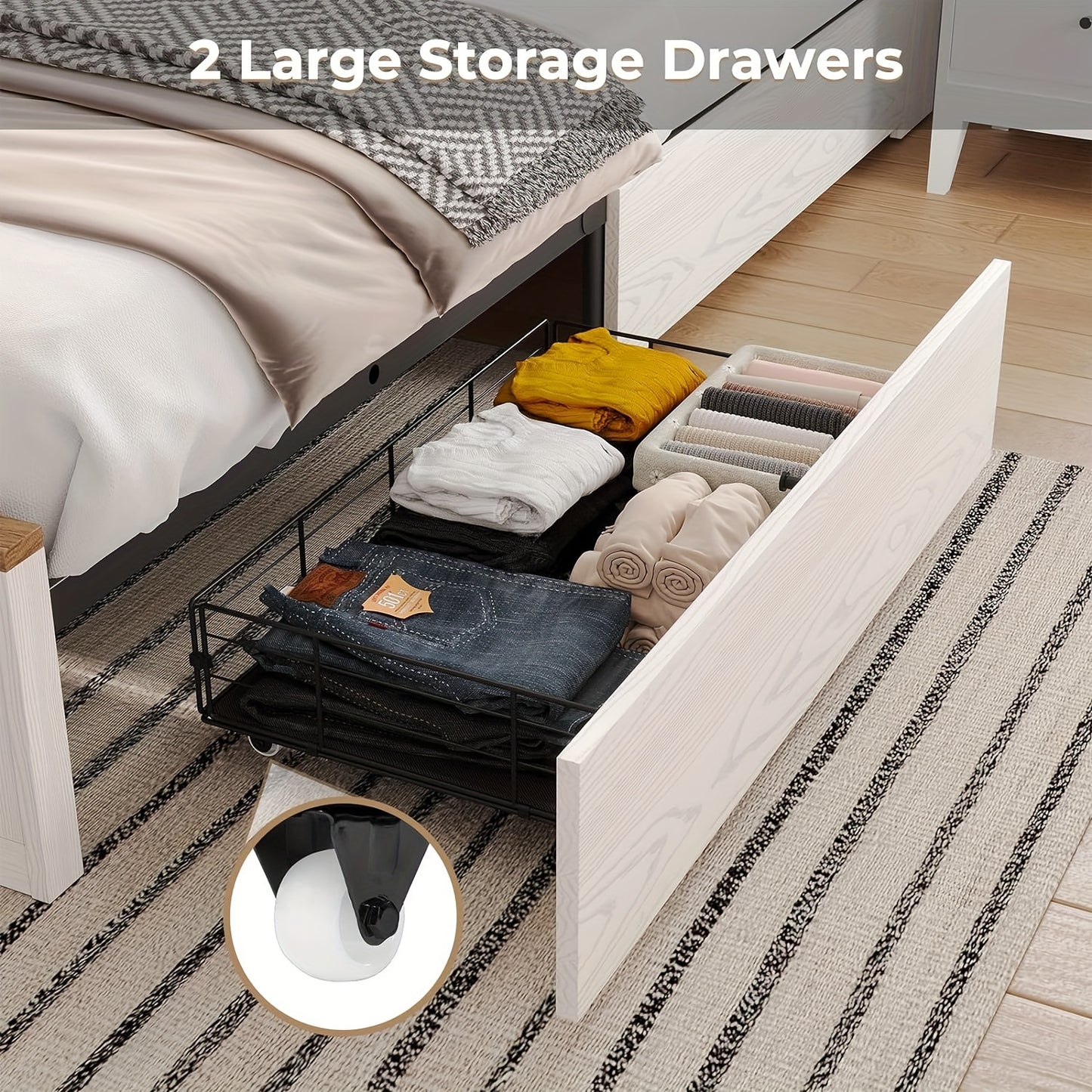 LED Farmhouse Platform Bed Frame With Charging Station 2 Drawers And Storage Headboard, Sliding Barn Door, White