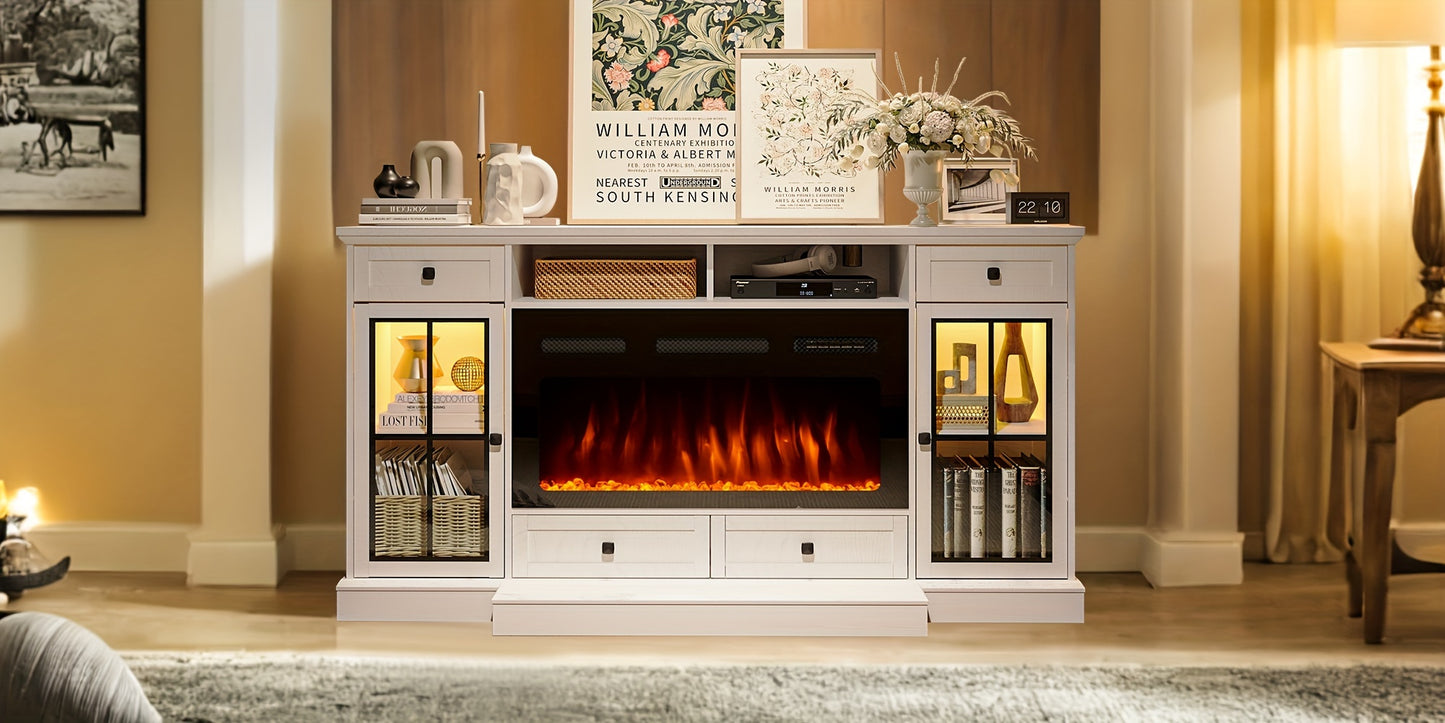 Farmhouse Fireplace TV Stand Suitable For Up To 75 Inch TV, 36" Tall Entertainment Center With 36" Crystal Eletric Fireplace, Modern Media Console Table With LED Lights For Living Room, White