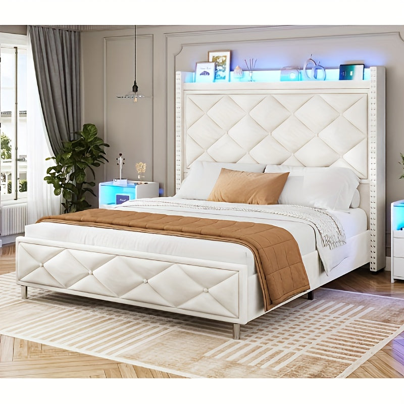 Queen Size Bed Frame with 50.8'' Tall Wingback Velvet Headboard, Diamond Design Bed with LED Lights, Remote Control, Light Luxury Style/ Easy to Assembly/White/Grey