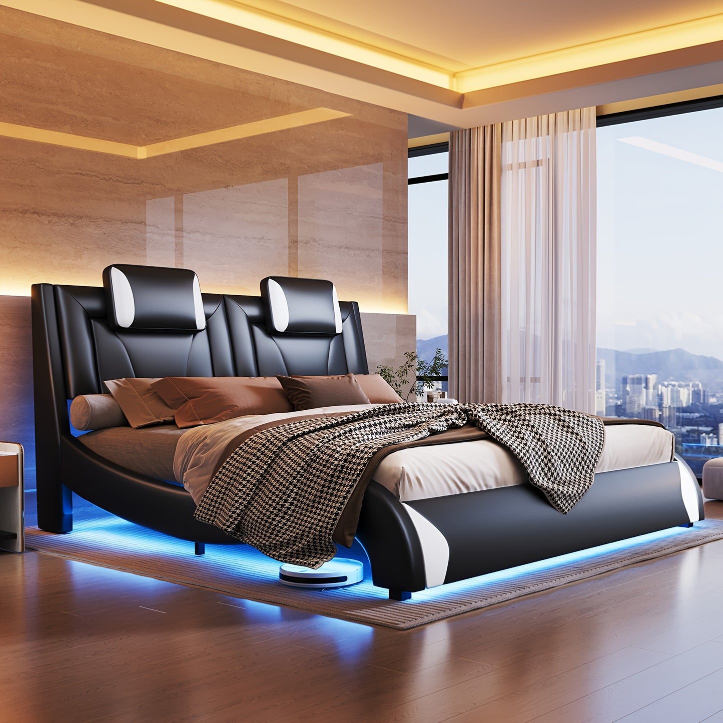 Modern Elegance Meets Functionality: PaPaJet Full Floating Bed Frame With Built-in LED Lights, Faux Leather Upholstery, & Wave-Shaped Curves, No Box Spring Required