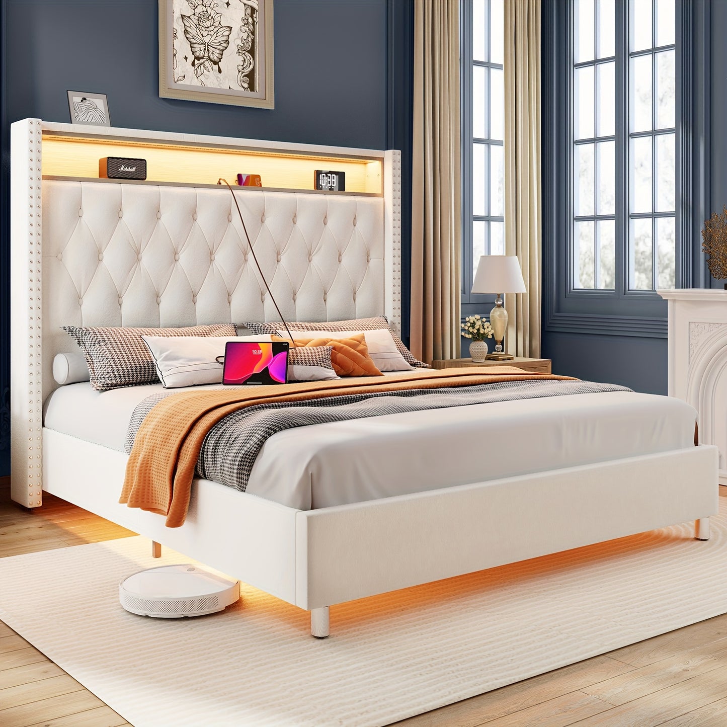 PaPaJet LED Bed Frame with Charging Ports Velvet Upholstered Bed Frame with Button Tufting Headbord