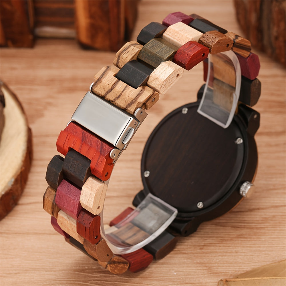 Ladies Plaid Wood Design Watch Lightweight Wooden Watches with Adjustable Strap and Stainless Steel Buckle Quartz Watches for Women