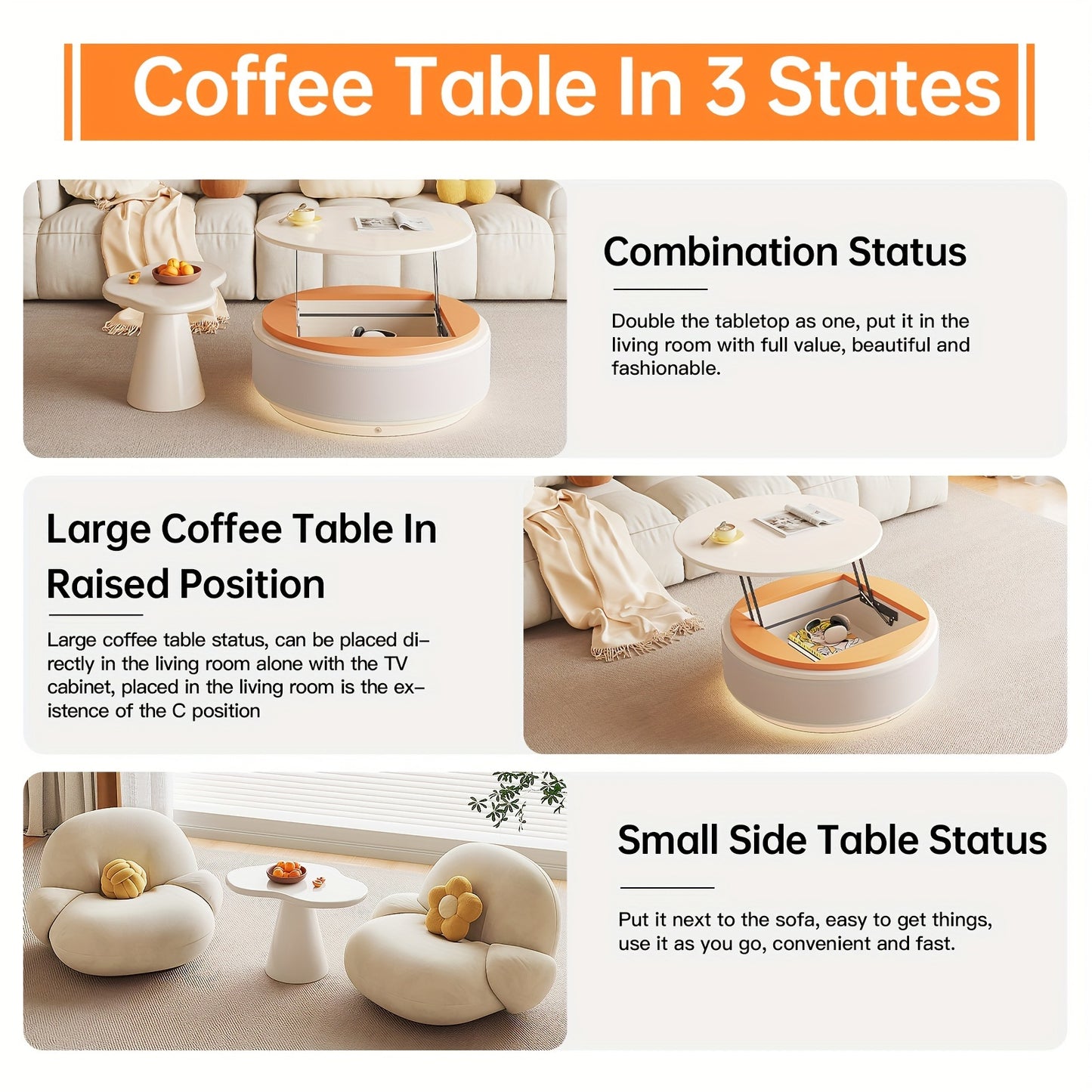 Nesting Coffee Table, Lift-Top Coffee Table with Light And Irregular Side Table, Cream White 2in 1 Modern Center Table, End Table for Living Room, Bedroom, Small Spaces, Easy Assembly, Guyii