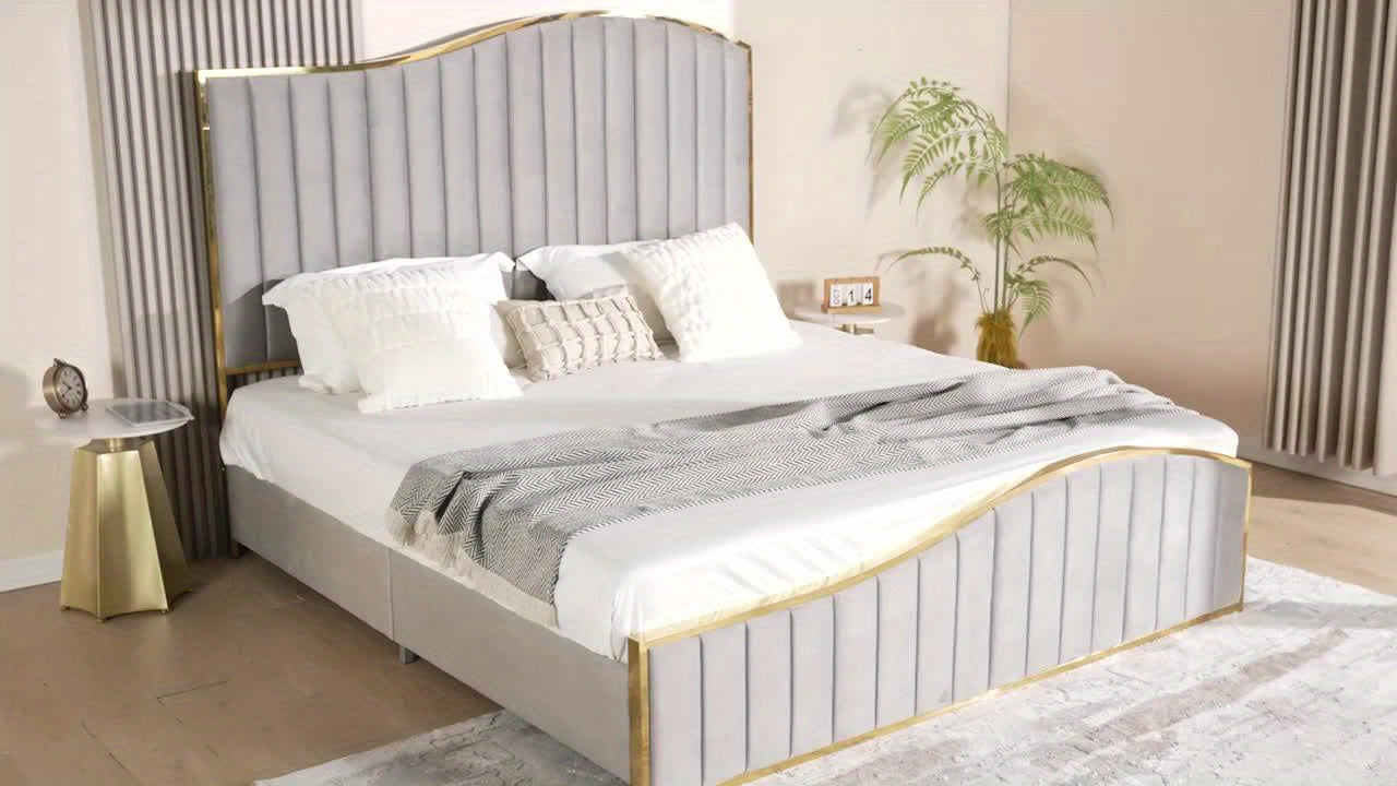 King size 61.4" High Headboard Platform Bed Velvet Upholstered with Golden Trim & Footboard Black