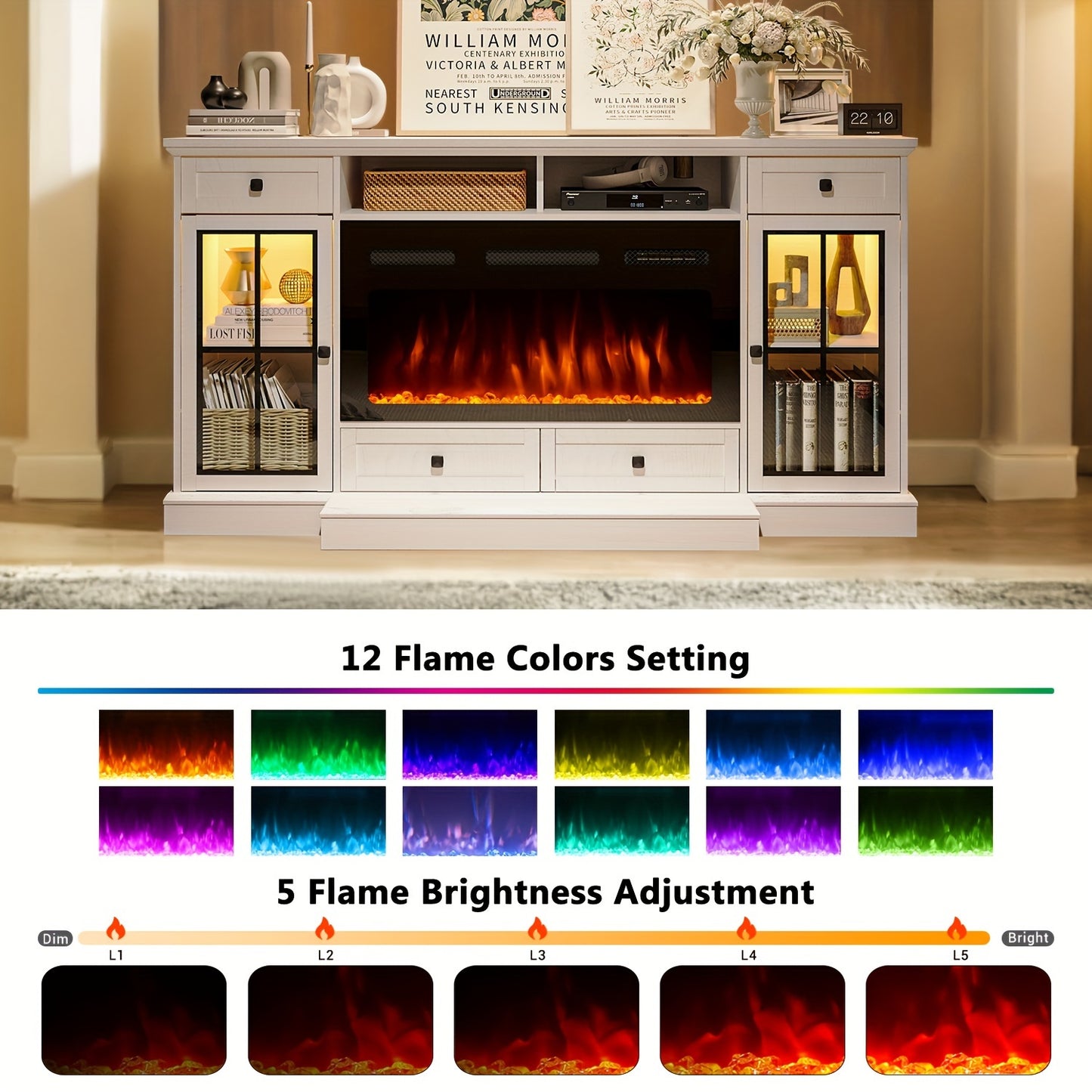 Farmhouse Fireplace TV Stand Suitable For Up To 75 Inch TV, 36" Tall Entertainment Center With 36" Crystal Eletric Fireplace, Modern Media Console Table With LED Lights For Living Room, White