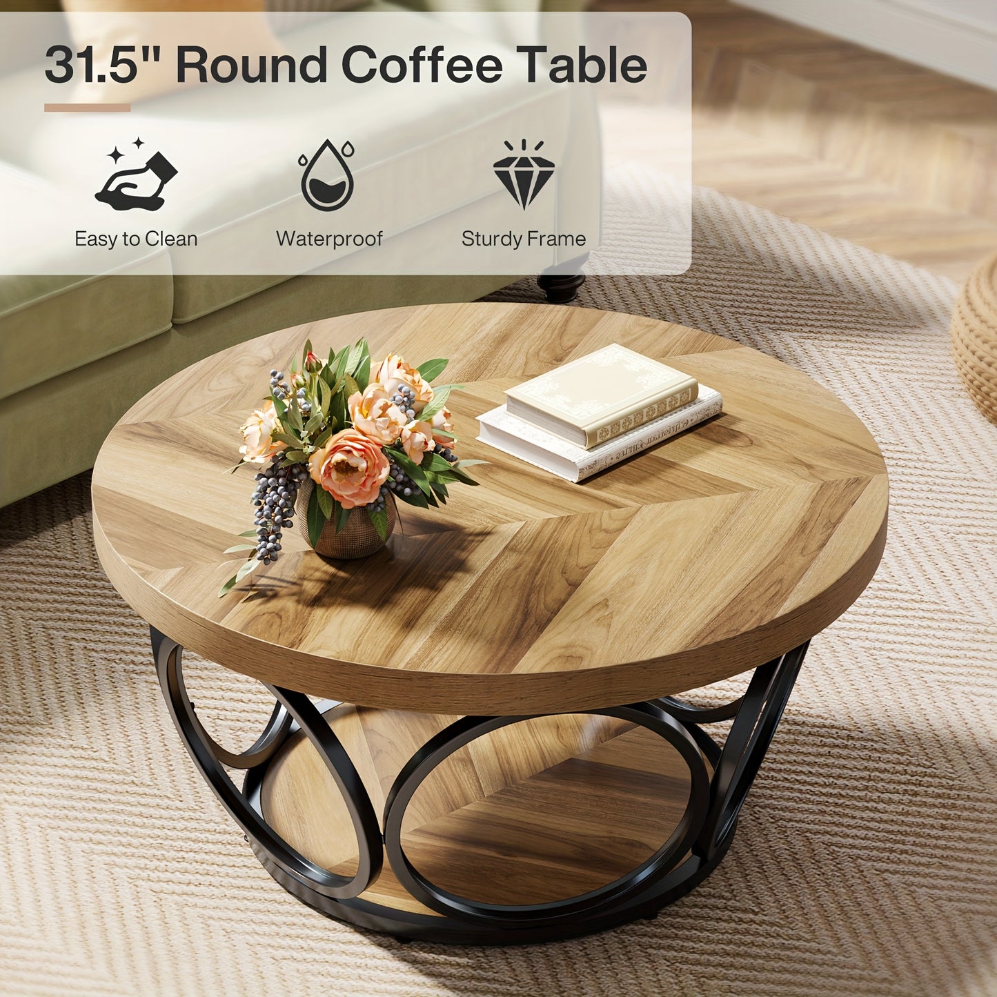 31.5" Round Coffee Table - Farmhouse 2-Tier Storage