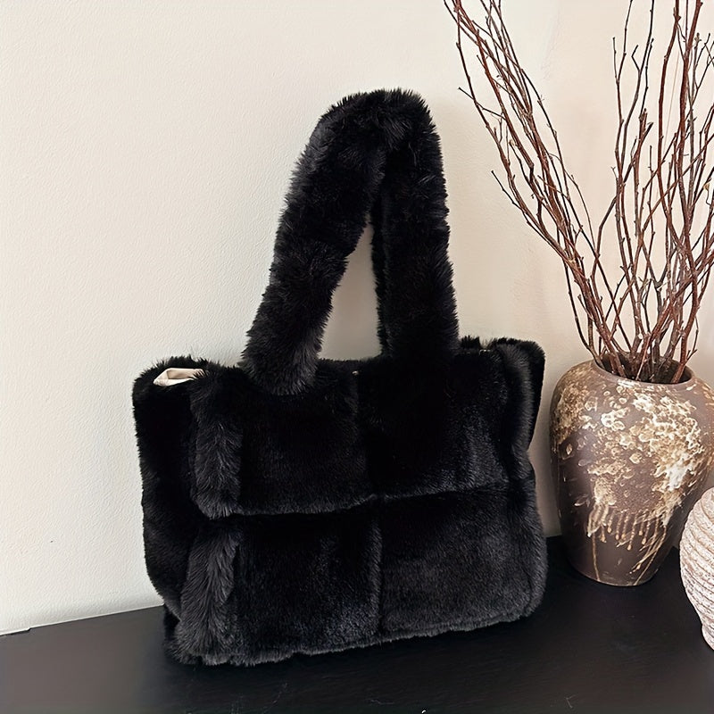Chic Faux Fur Shoulder Bag for Women - Large Capacity, Magnetic Closure, Plush Tote with Faux Leather Lining - Versatile & Stylish in Pink, Deep Brown, or Black