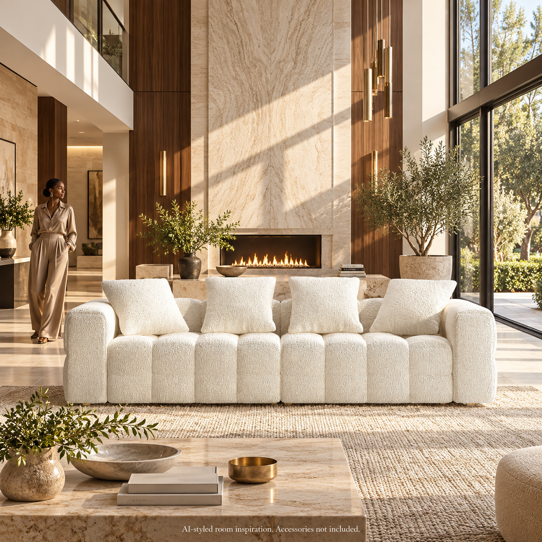 White sectional sofa styled in an illustrative living-room setting