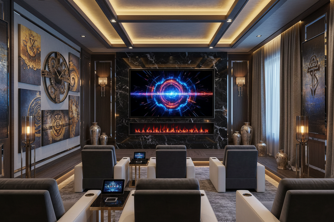 Home-theater room inspiration with lounge seating and a media wall