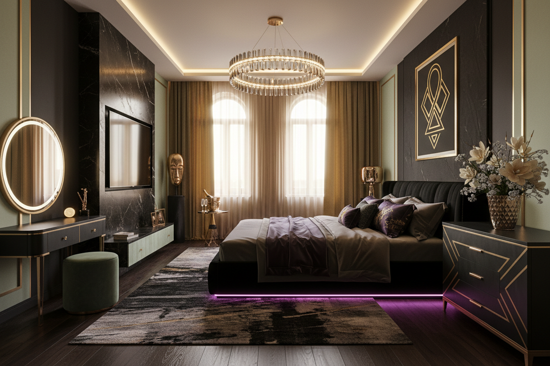 Light-filled bedroom with warm decorative details