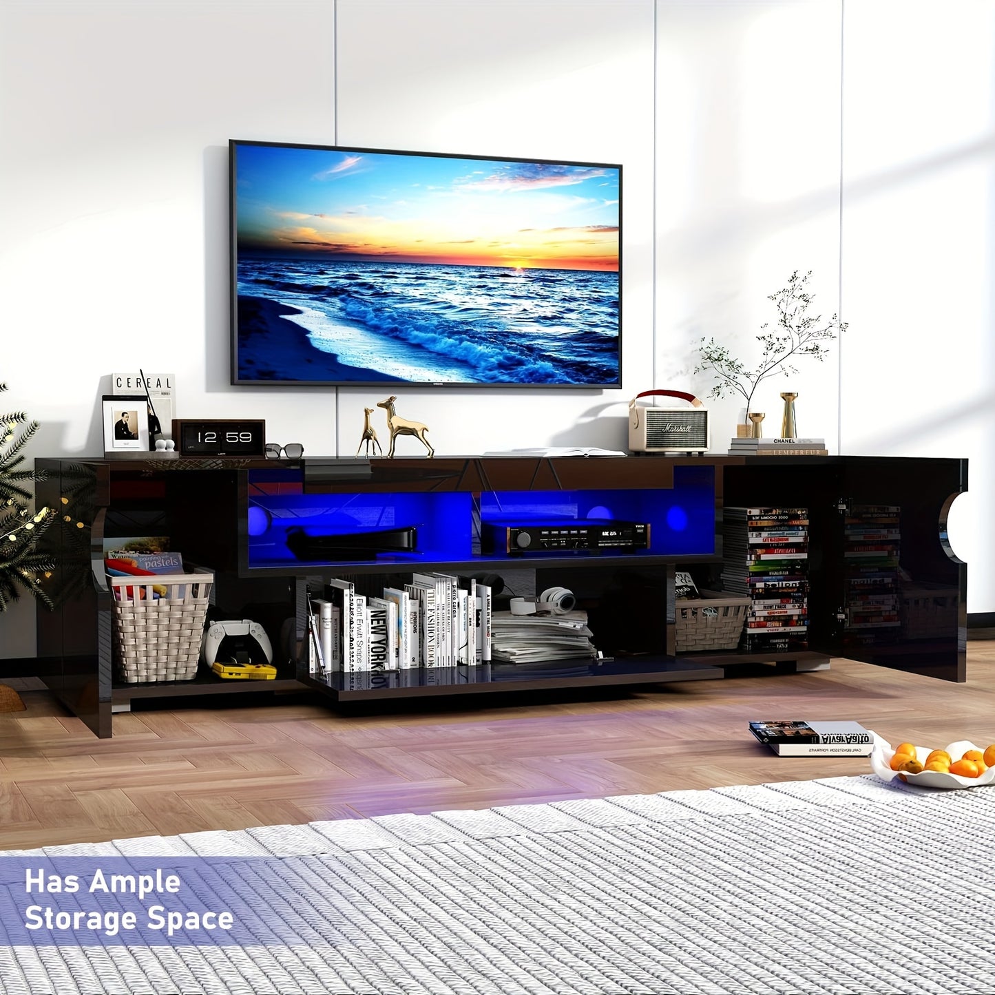 65IN LED TV Stand For 65/70/75inch TV, Modern Black TV Stand For Living Room, High Glossy TV Entertainment Center With Large Storage Drawer, APP RGB Light, TV Console, TV Cabinet (Black)