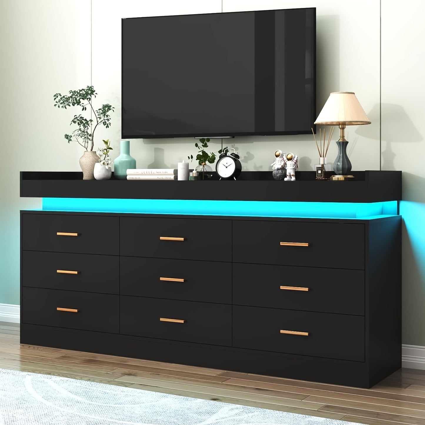 9 Drawer Dresser With LED Light, Modern Chest Of Drawers For Closet, Wide Drawer Organizer Cabinet For Bedroom, Living Room, Entryway, Hallway (9 Drawer White) Black