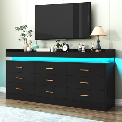 9 Drawer Dresser With LED Light, Modern Chest Of Drawers For Closet, Wide Drawer Organizer Cabinet For Bedroom, Living Room, Entryway, Hallway (9 Drawer White) Black