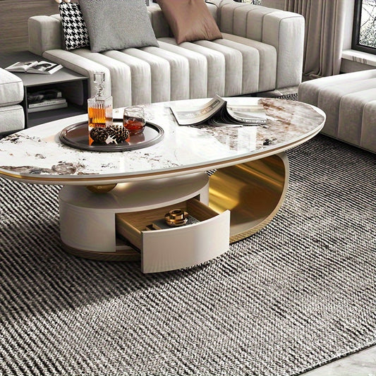 1 Pc Luxury Modern Oval Coffee Table, High And Low Design, Metal And Faux Marble With Drawer