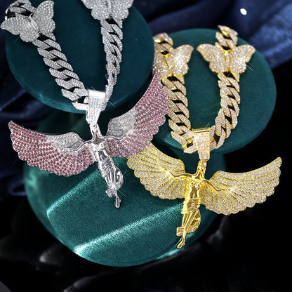 Glamorous Rhinestone Angel Winged Goddess Pendant Necklace with Butterfly - Unisex Zinc Alloy Cuban Chain for Party, Street Style, Night Club - Hip Hop Rapper Jewelry, Thanksgiving and Christmas Gift