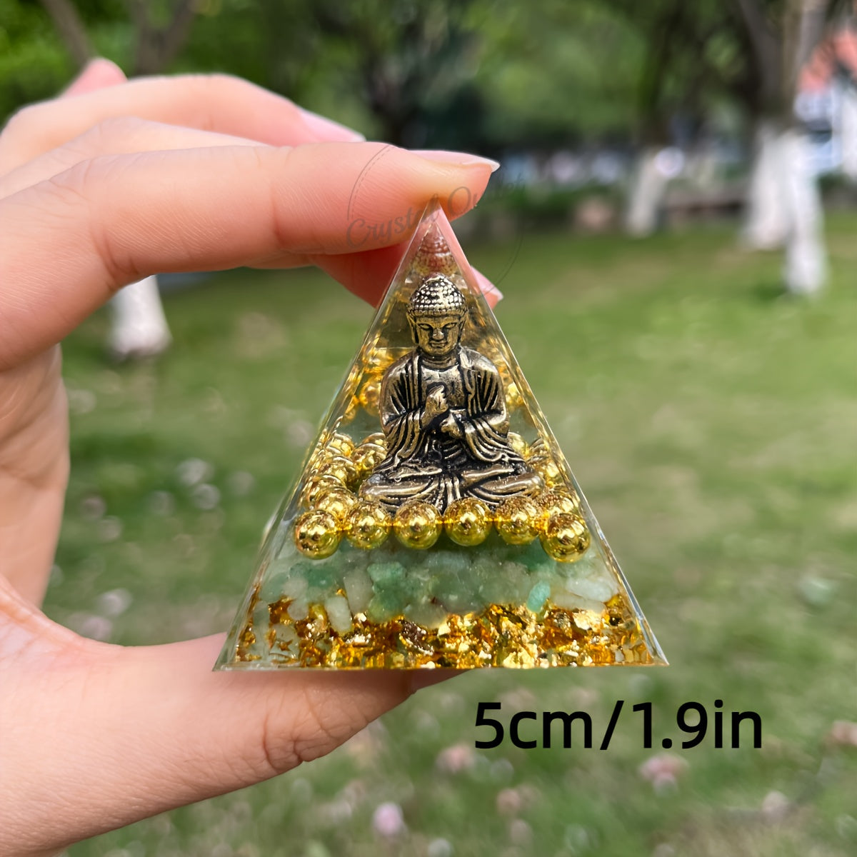 "Serenity Enhancer" 1pc Golden Beaded Buddha Orgone Pyramid With Natural Crystal Chips - Amethyst Energy Generator For Positive Vibes, Home & Yoga Decor