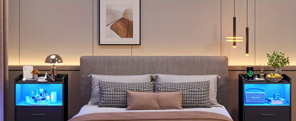 2pcs Black Nightstand with Storage Drawers for Bedroom, Modern Bedside Table Nightstands with Charging Station and LED Lights