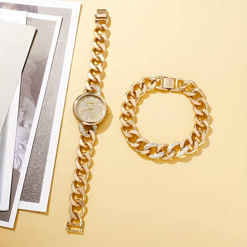 2 Pcs New Fashion Retro Golden Quartz Watch + Simple Rhinestone Bracelet Set, Classic Gift for Friends