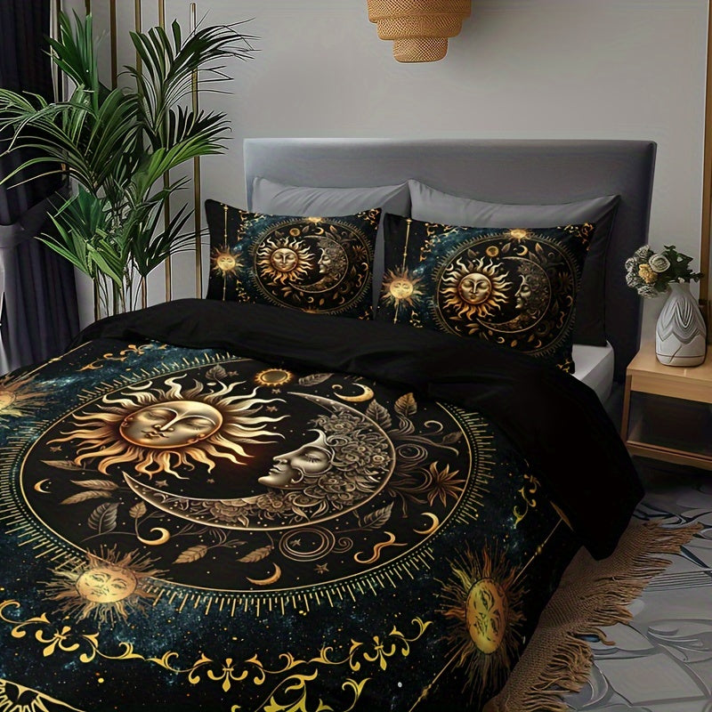 3pcs Bedding Set - Elegant & Golden Sun/Moon/Planets Print Duvet Cover with 2 Pillowcases, All-Season Luxury Bedspread for Queen/King Size Beds, Machine Washable Polyester Bedding For Home & Dorm Decor